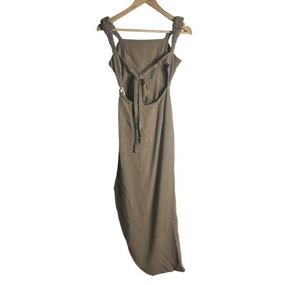 Just Bee Queen Aria Brown Linen Asymmetric Ruched Tie Back Midi Dress Size S - Picture 11 of 13